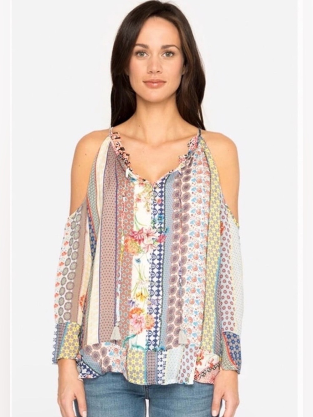 Johnny Was Garden Multicolor Mixed Print Cold Shoulder Blouse Sz S